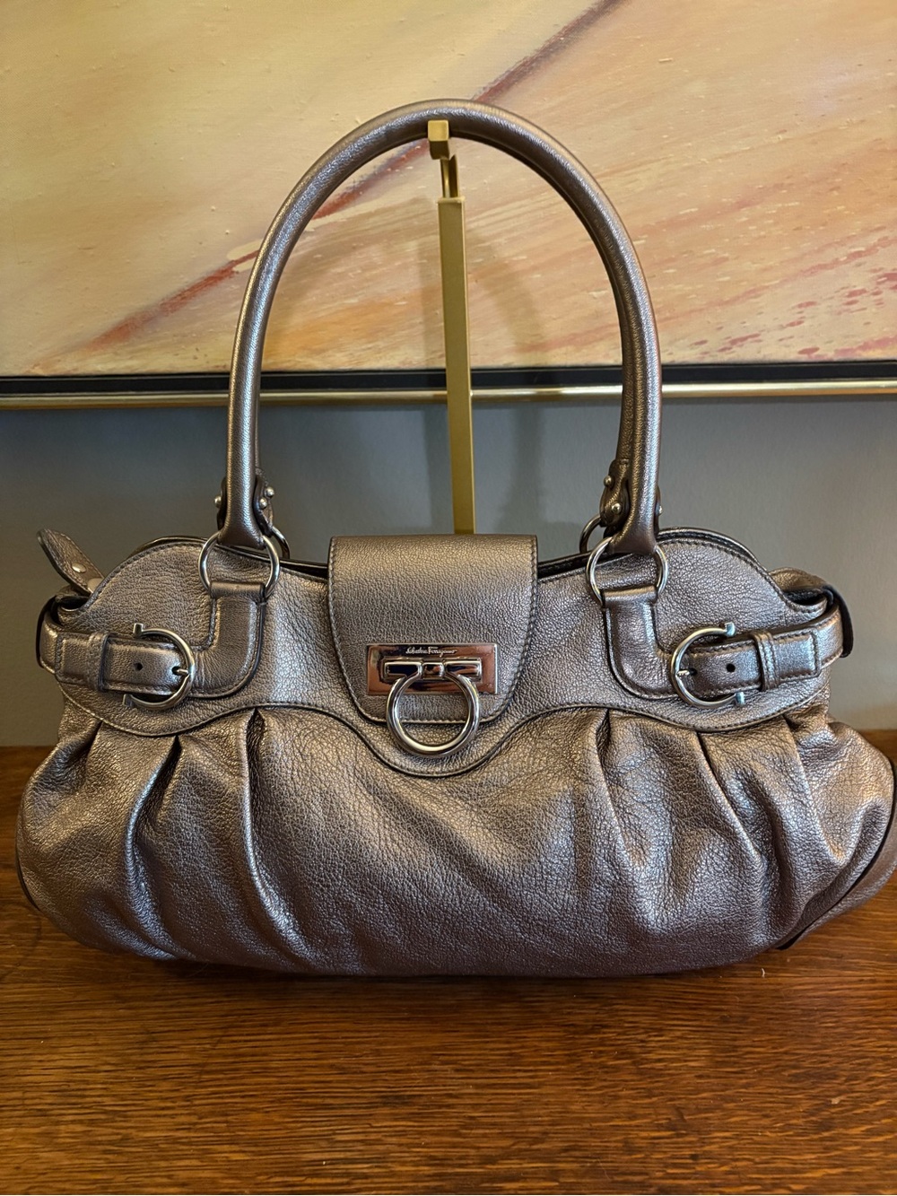 Salvatore Ferragamo Vintage Metallic Platinum/Silver Marisa Bag Gancini Leather